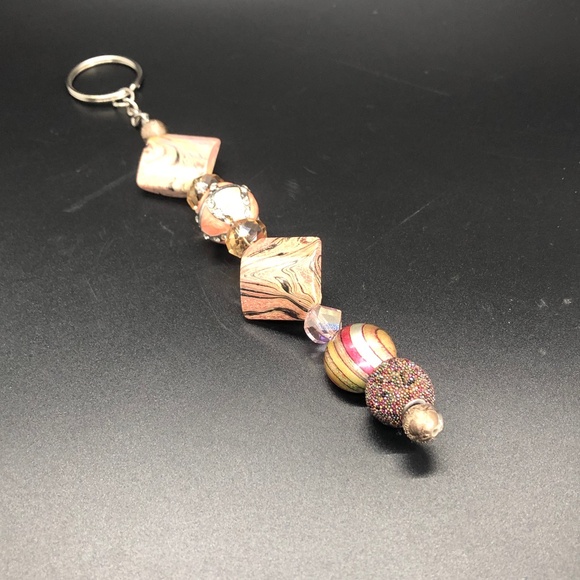 Blush Pink & Black Swirl Handmade Keychain | Single Strand Beaded Bag Charm - Picture 3 of 16